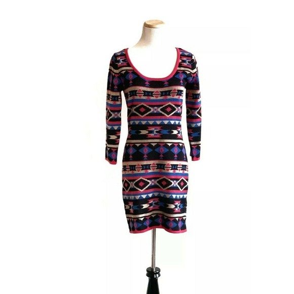 FLYING TOMATO Aztec Tribal Print Long Sleeves Mini Dress Size M - Picture 10 of 11